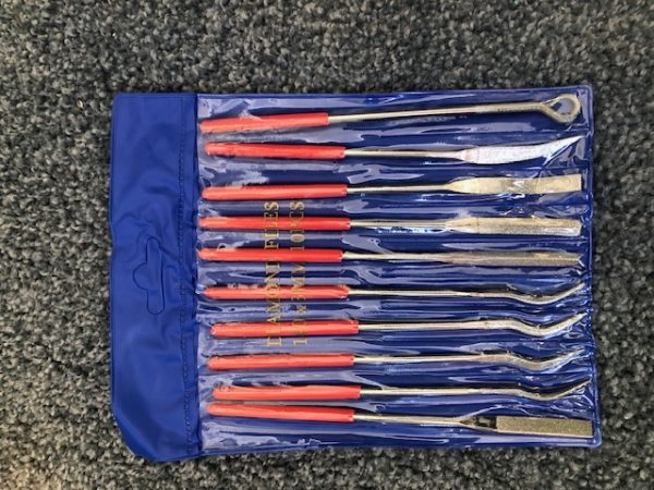 DIAMOND RIFFLER NEEDLE FILE SET 10pce. Assorted shapes & sizes in a plastic pouch 140mm x 3mm