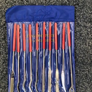 DIAMOND RIFFLER NEEDLE FILE SET 10pce. Assorted shapes & sizes in a plastic pouch 140mm x 3mm