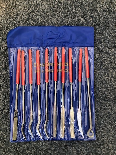 DIAMOND RIFFLER NEEDLE FILE SET 10pce. Assorted shapes & sizes in a plastic pouch 140mm x 3mm