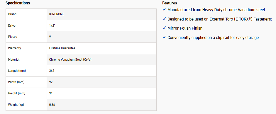 KINCROME 02094 SOCKET SET E TORX 9PCE 1/2DVE - Image 3