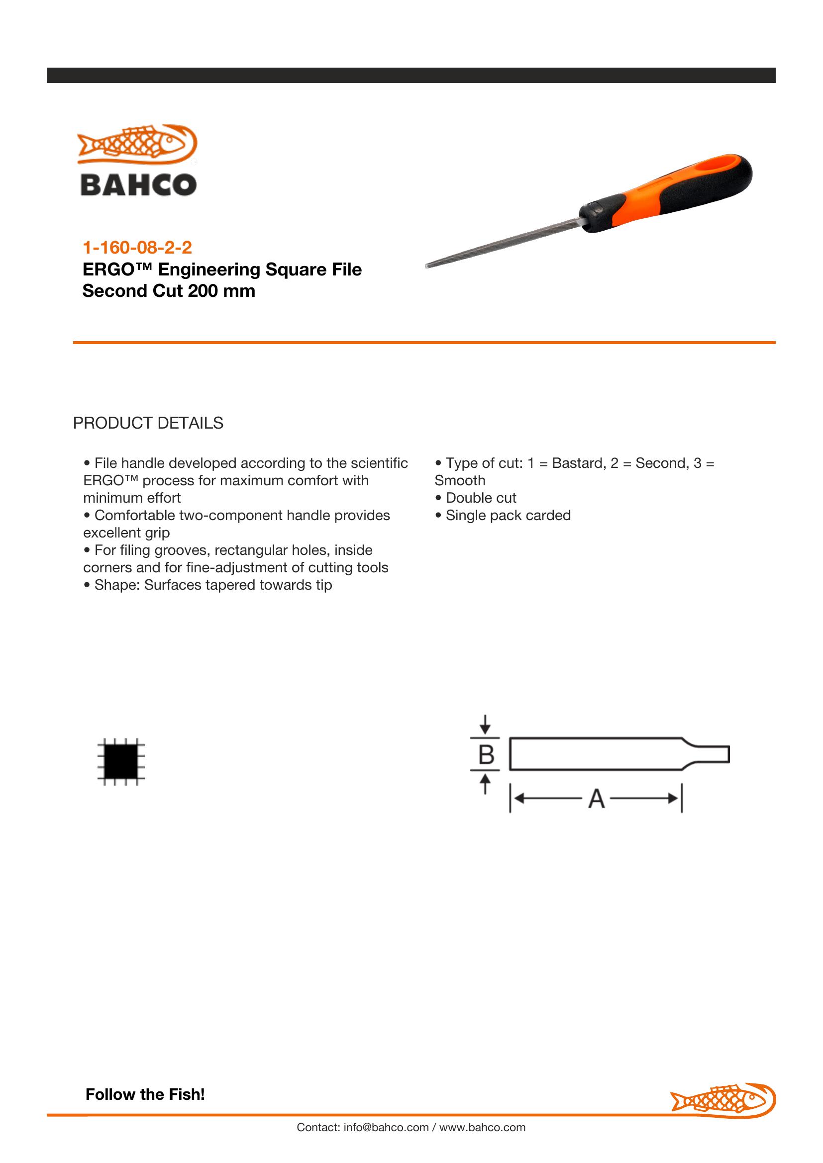 Bahco Square file, 8", 20cm, 2nd cut, ergo handle - Image 4