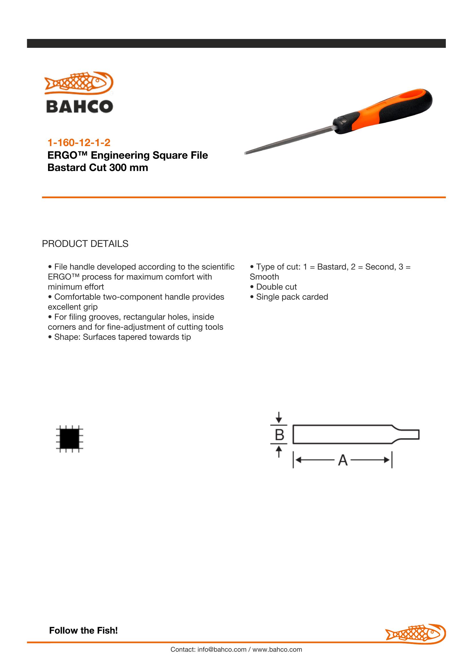 Bahco Square file, 12", 30cm, bastard cut, ergo handle - Image 4