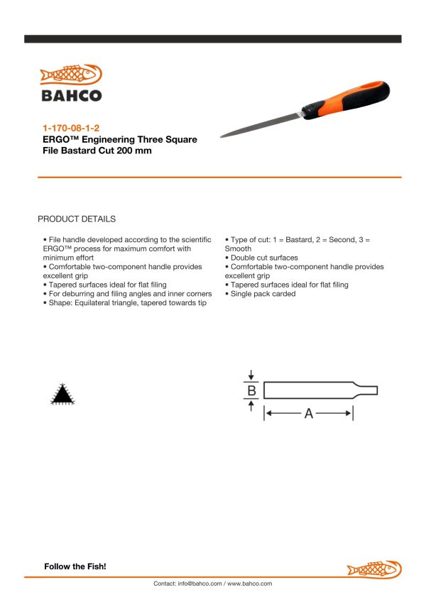 Bahco 3 Square file, 8", 20cm, bastard cut, ergo handle - Image 4