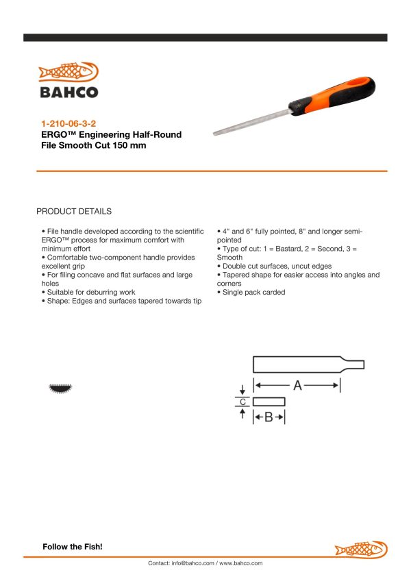 Bahco Half round file, 6", 15cm, Smooth cut, ergo handle - Image 6