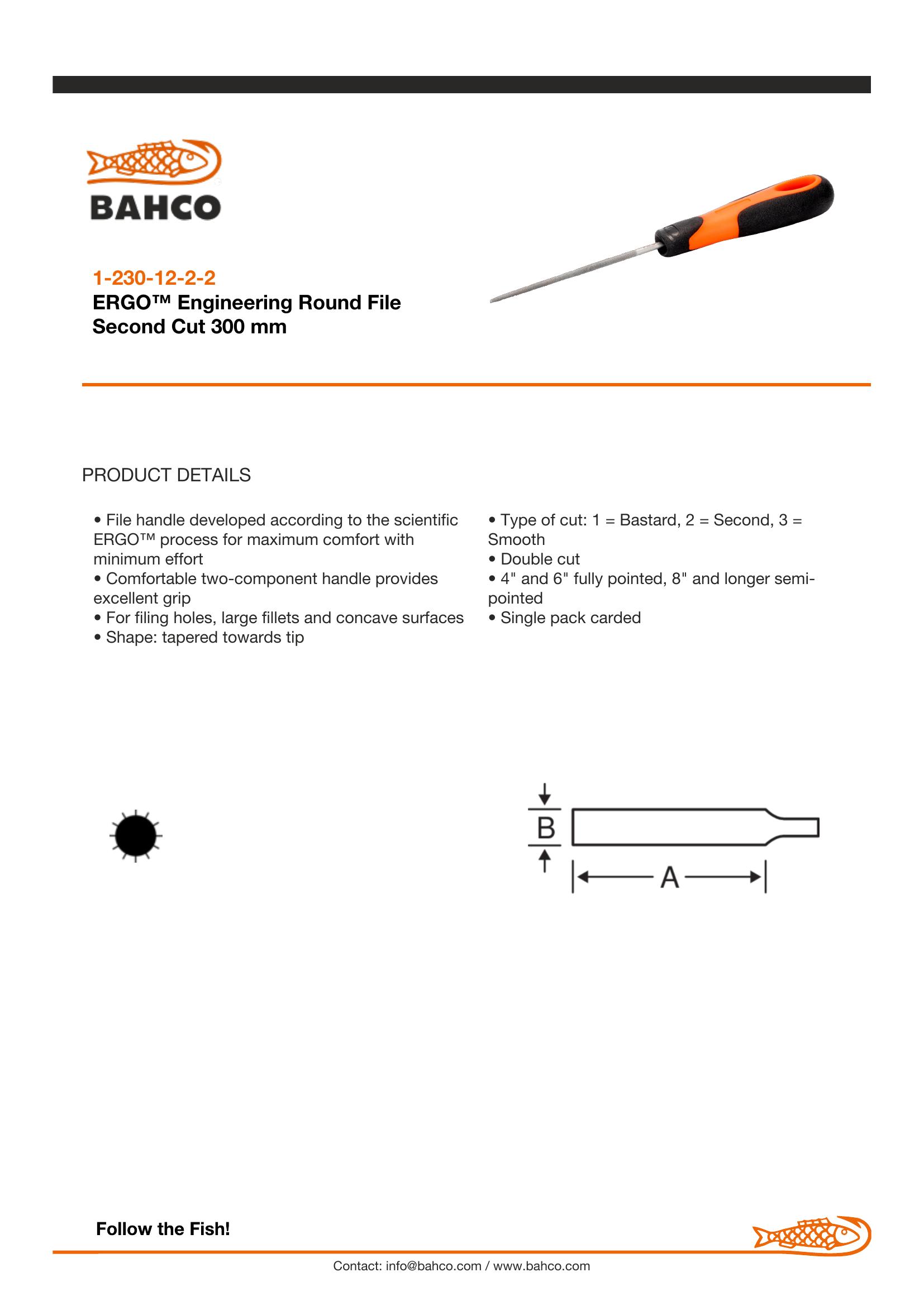 Bahco Round file, 12", 30cm, 2nd cut, ergo handle - Image 4