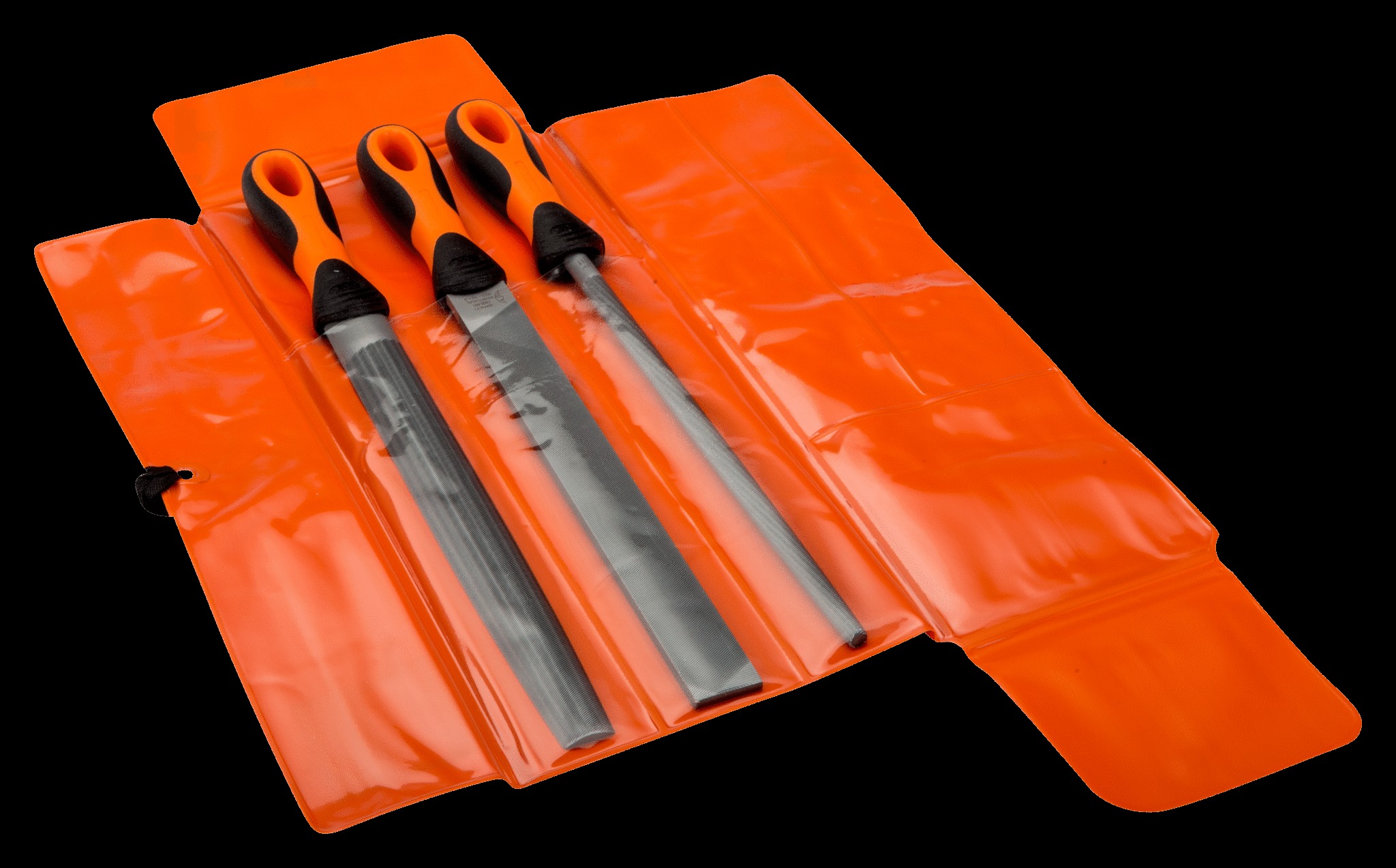Bahco File set, 3 pce, 10", 2nd cut, hand, half round, round file, plastic wallet