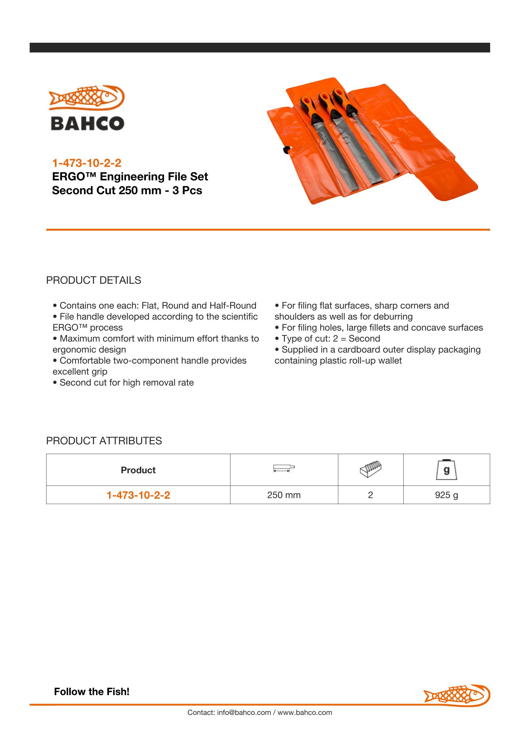 Bahco File set, 3 pce, 10", 2nd cut, hand, half round, round file, plastic wallet - Image 4