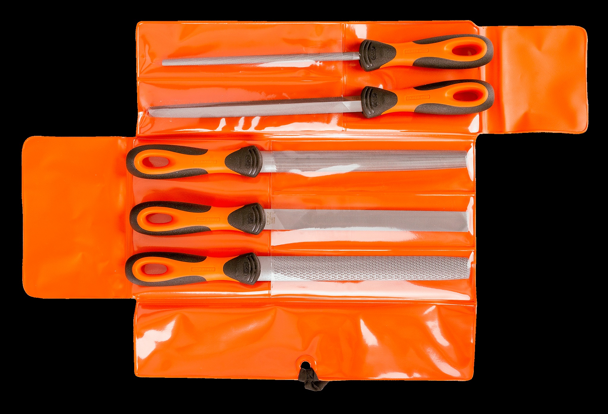 Bahco File set, 5 pce, 8", 2nd cut, hand, half round, 3 square, round file & 1 x half round rasp, plastic wallet - Image 2