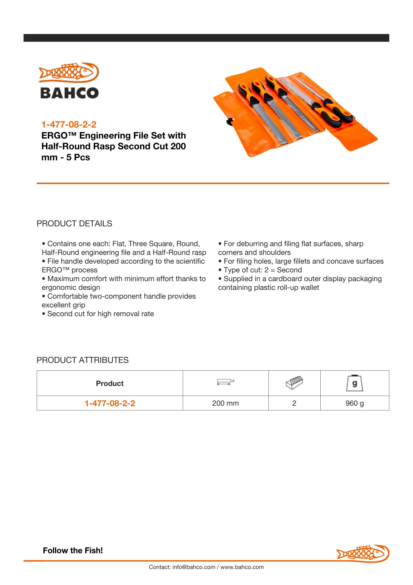 Bahco File set, 5 pce, 8", 2nd cut, hand, half round, 3 square, round file & 1 x half round rasp, plastic wallet - Image 4