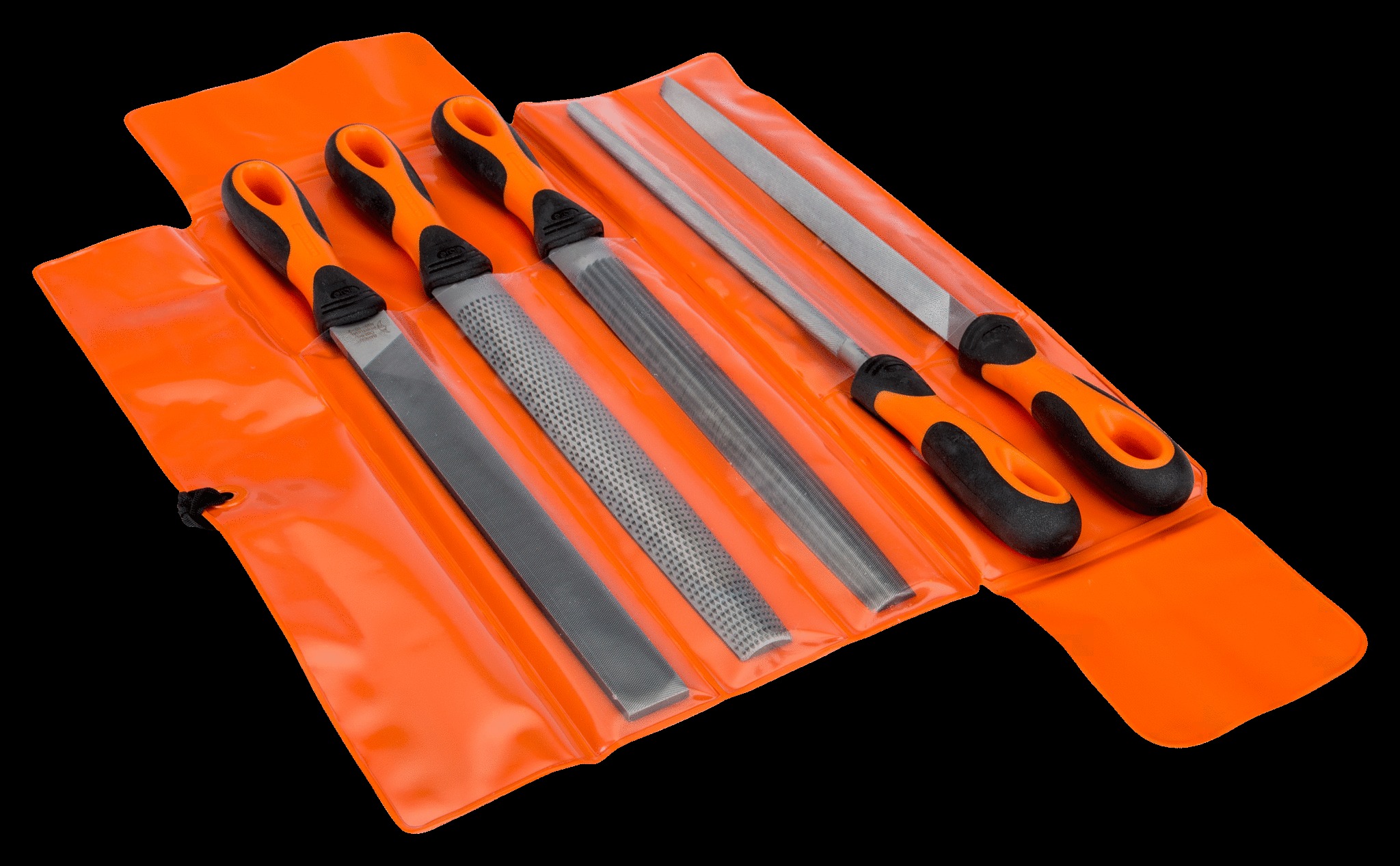Bahco File set, 5 pce, 10", 2nd cut, hand, half round, 3 square, round & cabinet rasp, plastid wallet