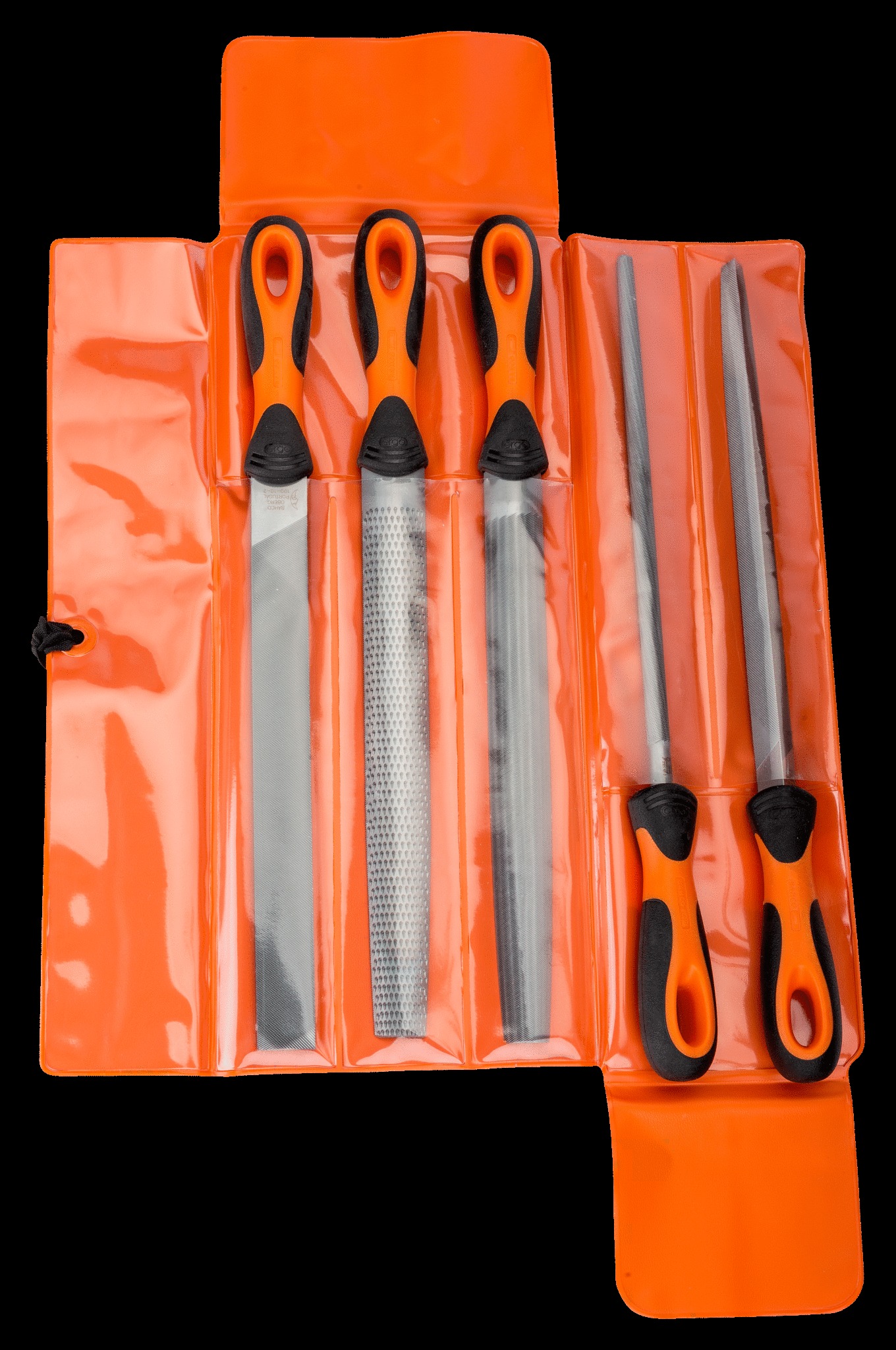 Bahco File set, 5 pce, 10", 2nd cut, hand, half round, 3 square, round & cabinet rasp, plastid wallet - Image 2