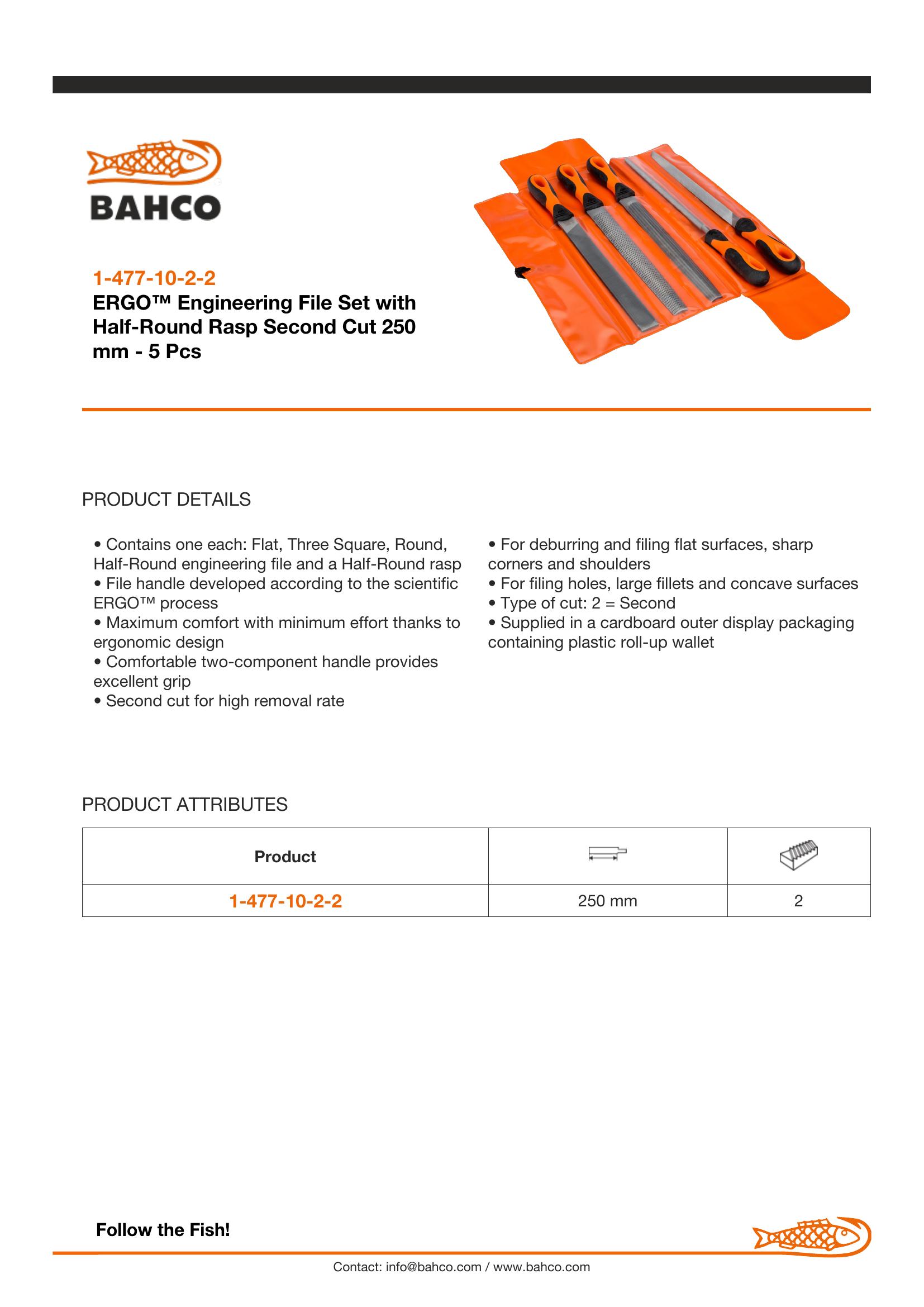 Bahco File set, 5 pce, 10", 2nd cut, hand, half round, 3 square, round & cabinet rasp, plastid wallet - Image 4