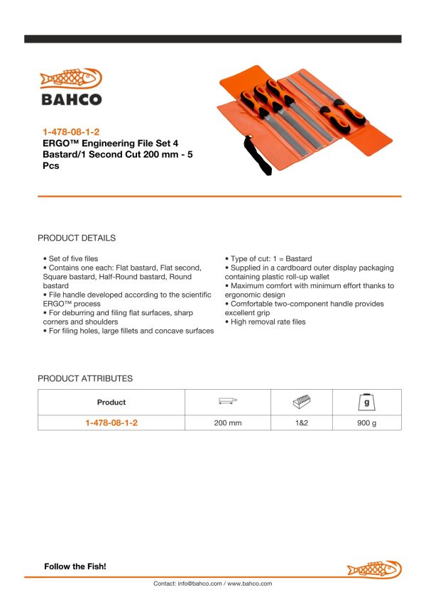 Bahco File set, 5 pce, 8", hand (1 x 2nd cut), hand, half round, square, round file - bastard cut, plastic wallet - Image 4