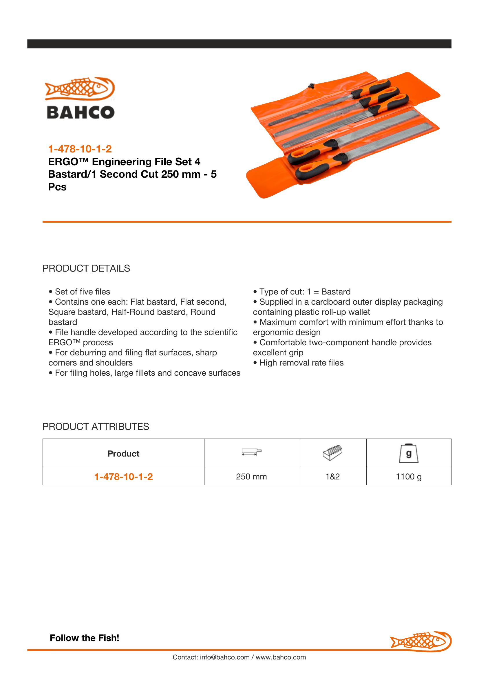 Bahco File set, 5 pce, 10", hand (1 x 2nd cut), hand, half round, square, round file - bastard cut, plastic wallet - Image 4