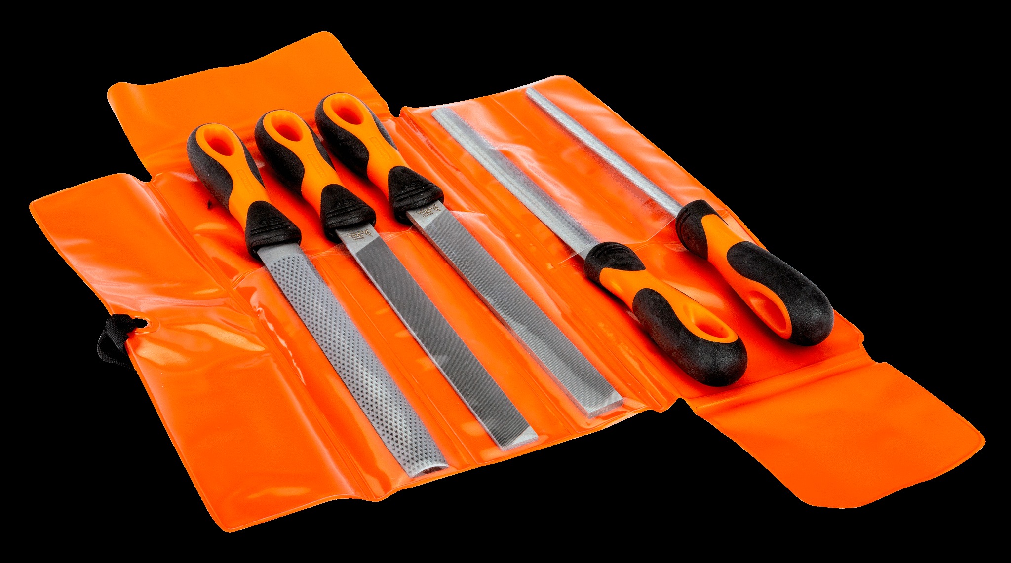 Bahco File set, 5 pce, 8", 2nd cut, hand, half round, round file, flat & 1 x cabinet half round rasp, plastic wallet