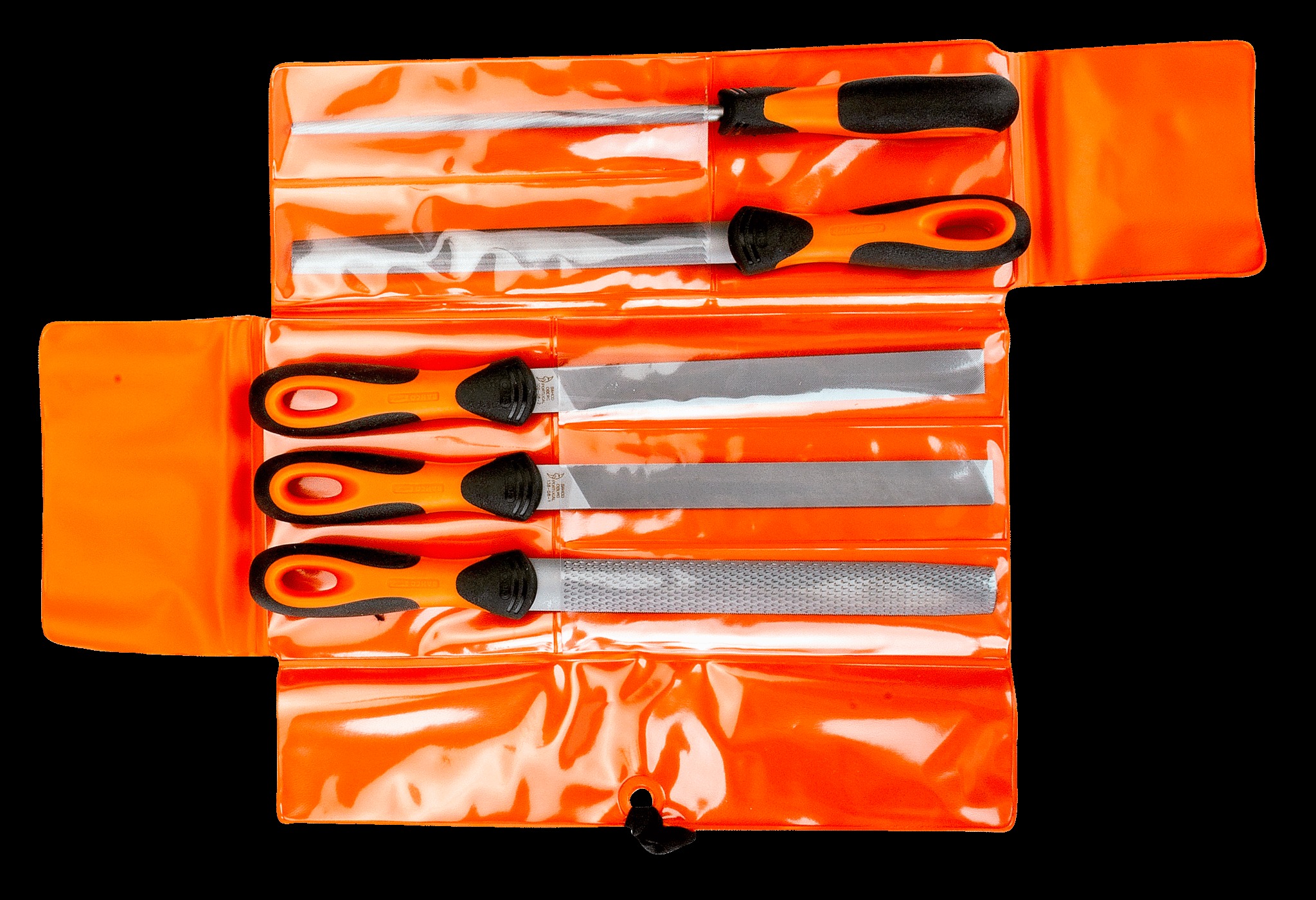 Bahco File set, 5 pce, 8", 2nd cut, hand, half round, round file, flat & 1 x cabinet half round rasp, plastic wallet - Image 2