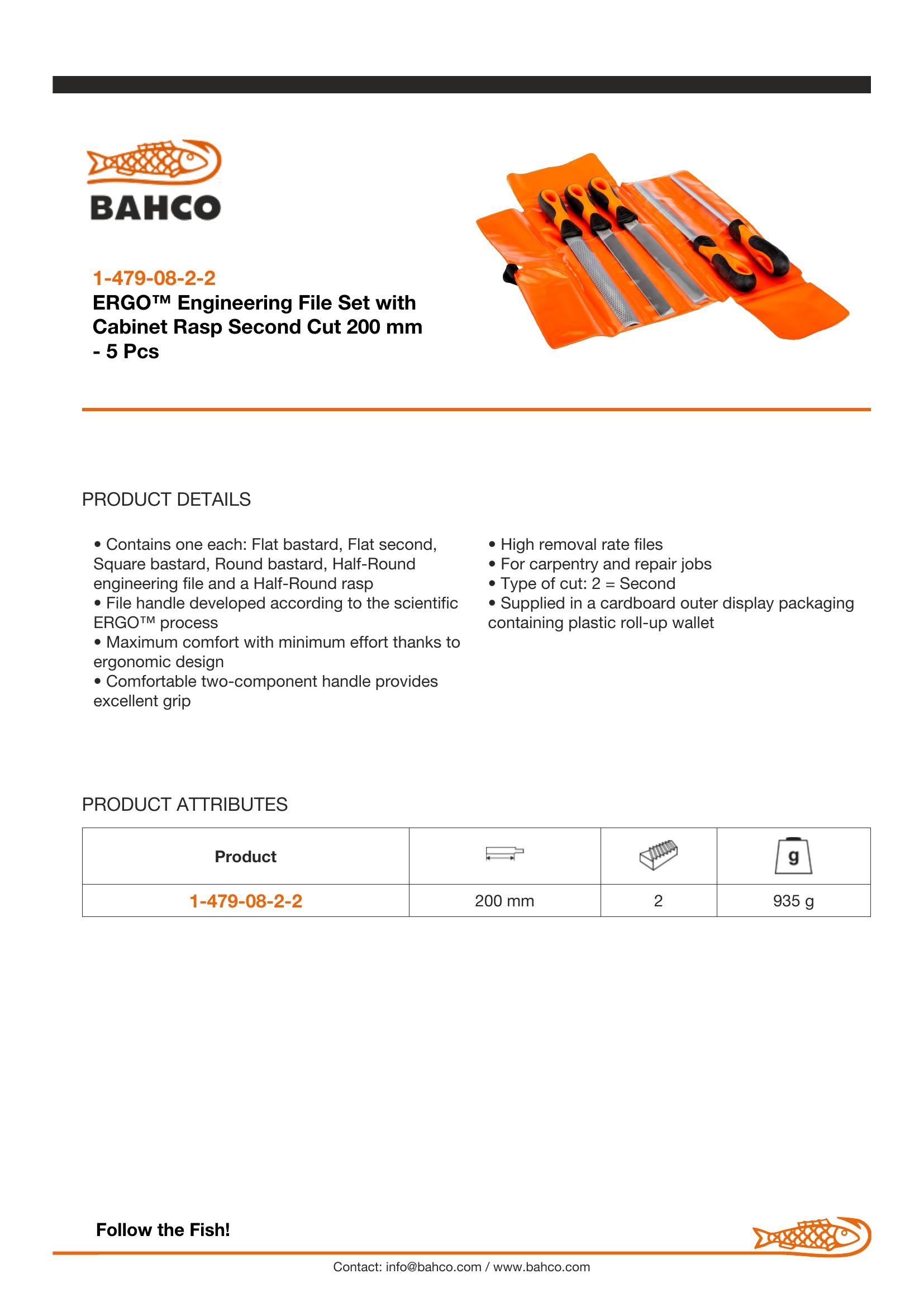 Bahco File set, 5 pce, 8", 2nd cut, hand, half round, round file, flat & 1 x cabinet half round rasp, plastic wallet - Image 4