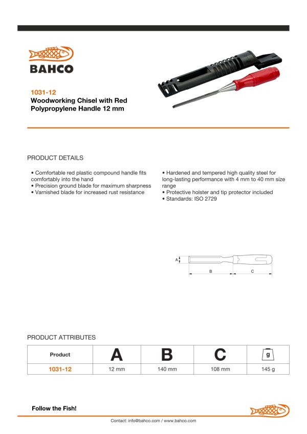 Bahco Chisel, 12mm, Red Handle - Image 6