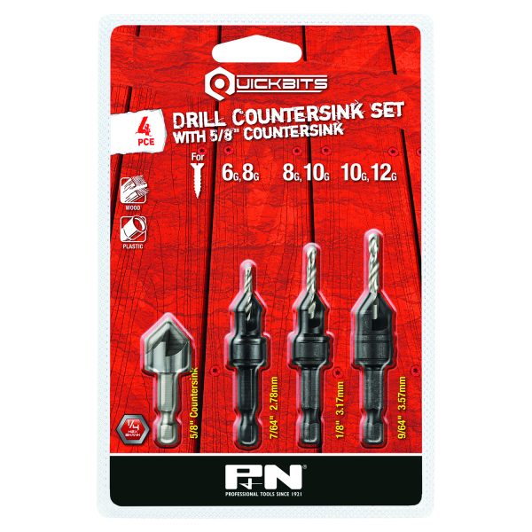 DRILL HSS & COUNTERSINK SET QUICKBIT HEX SHANK 4PC P&N