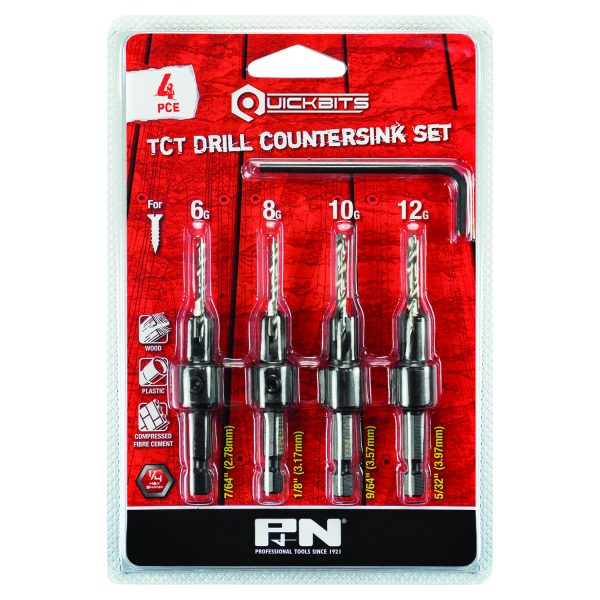 DRILL TCT & COUNTERSINK TCT SET QUICKBITS HEX SHANK 4PC P&N