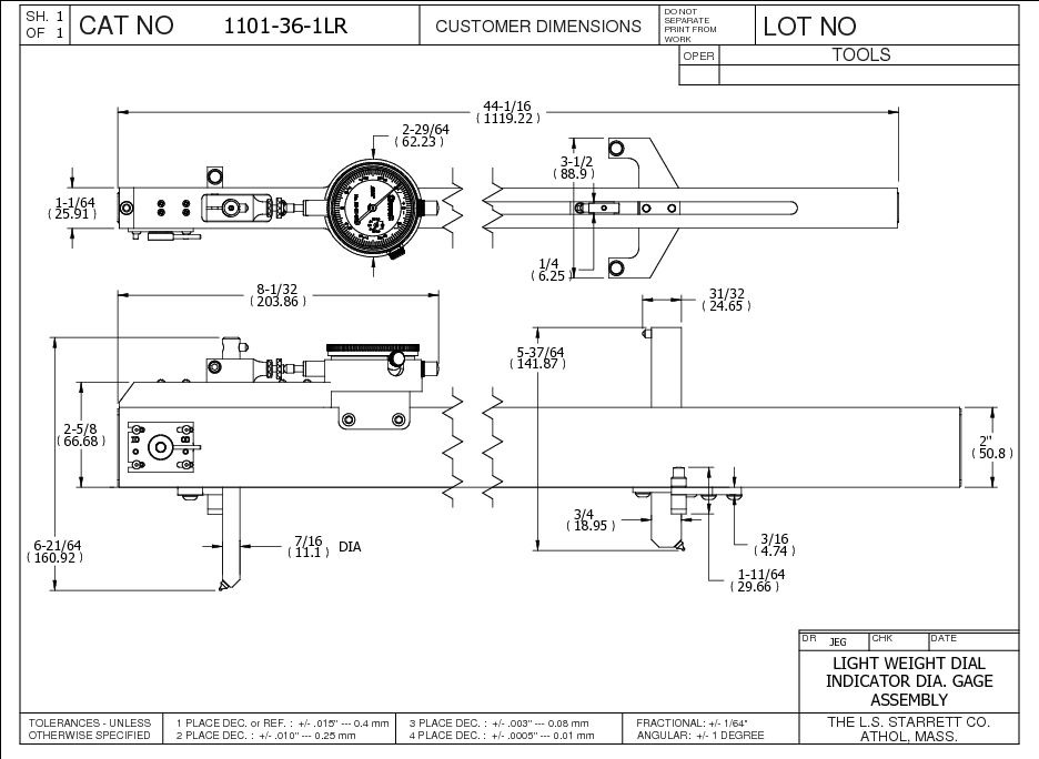 Starrett Dial Indicator Dia. Gage 30-36in Length Range 1101-36 Dial Indicator Diameter Gage - Image 2