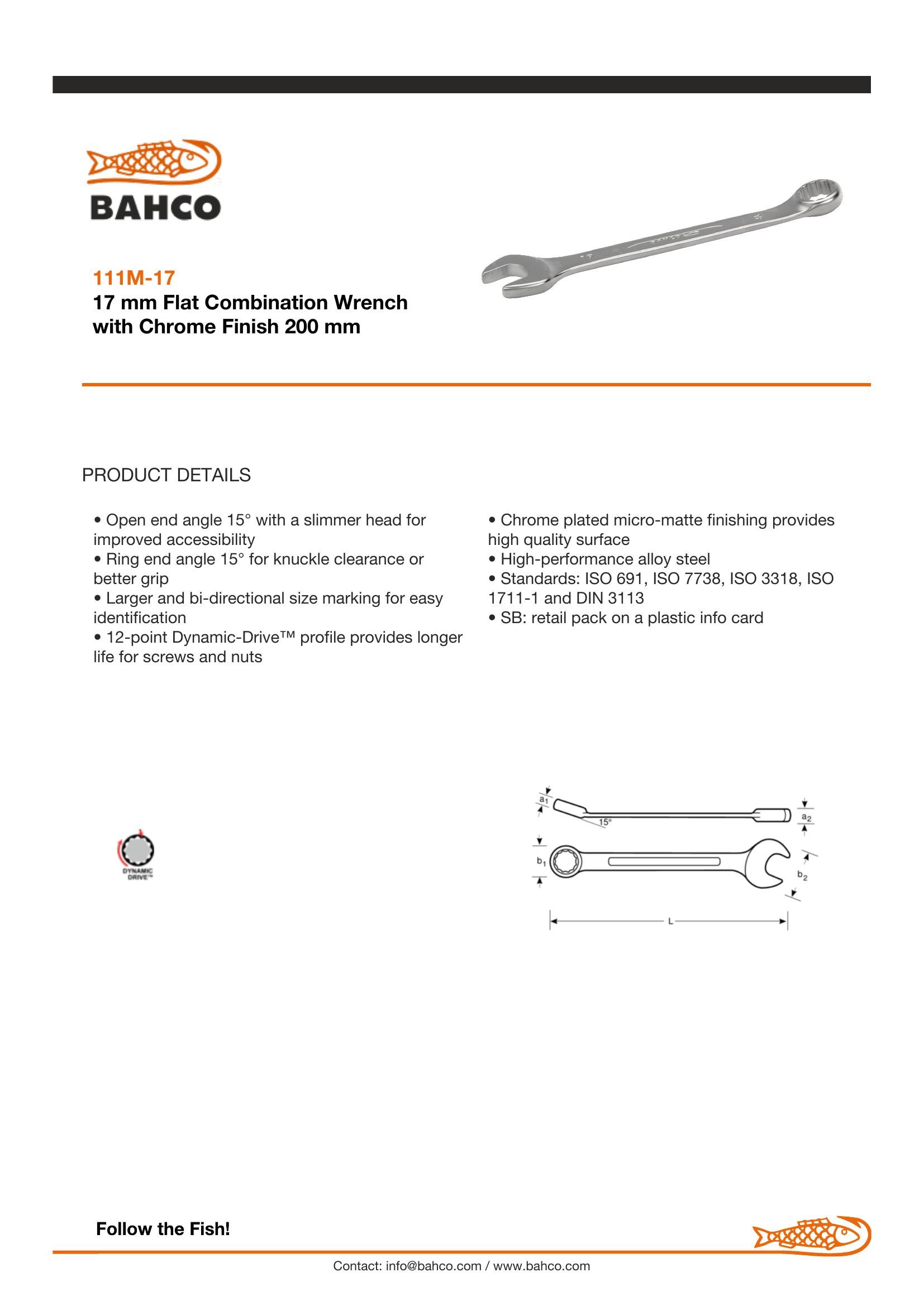 Bahco Spanner, Metric, Combination Ring & Open End, 17mm, Vanadium-Extra Chrome Plated, Open End Angle 15 Deg. - Ring 15 Deg. Offset - Image 3