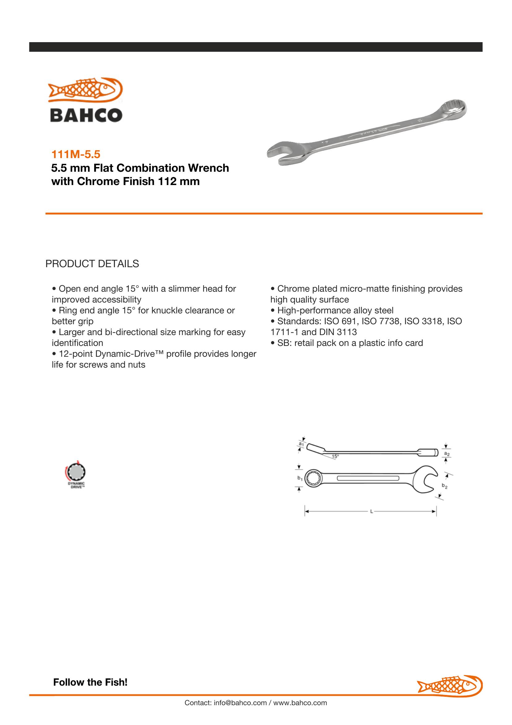 Bahco Spanner, metric, combination ring & open end, 5.5mm, vanadium-extra chrome plated, open end angle 15 deg. - ring 15 deg. Offset - Image 3