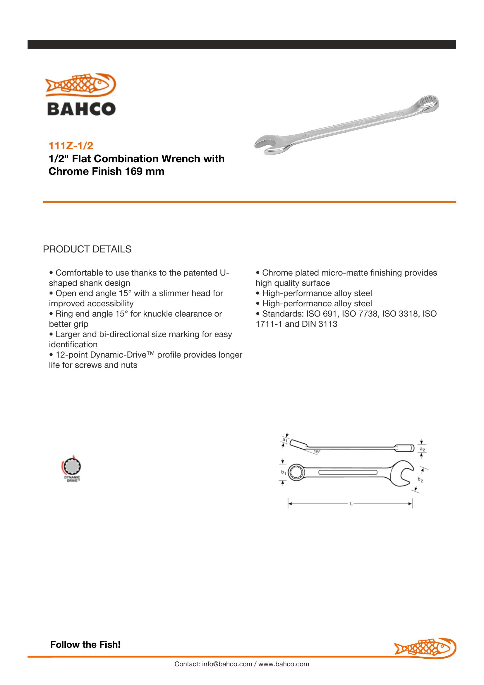 Bahco Spanner, imperial, combination ring & open end, 1/2", vanadium-extra chrome plated, open end angle 15 deg. - ring 15 deg. Offset - Image 2