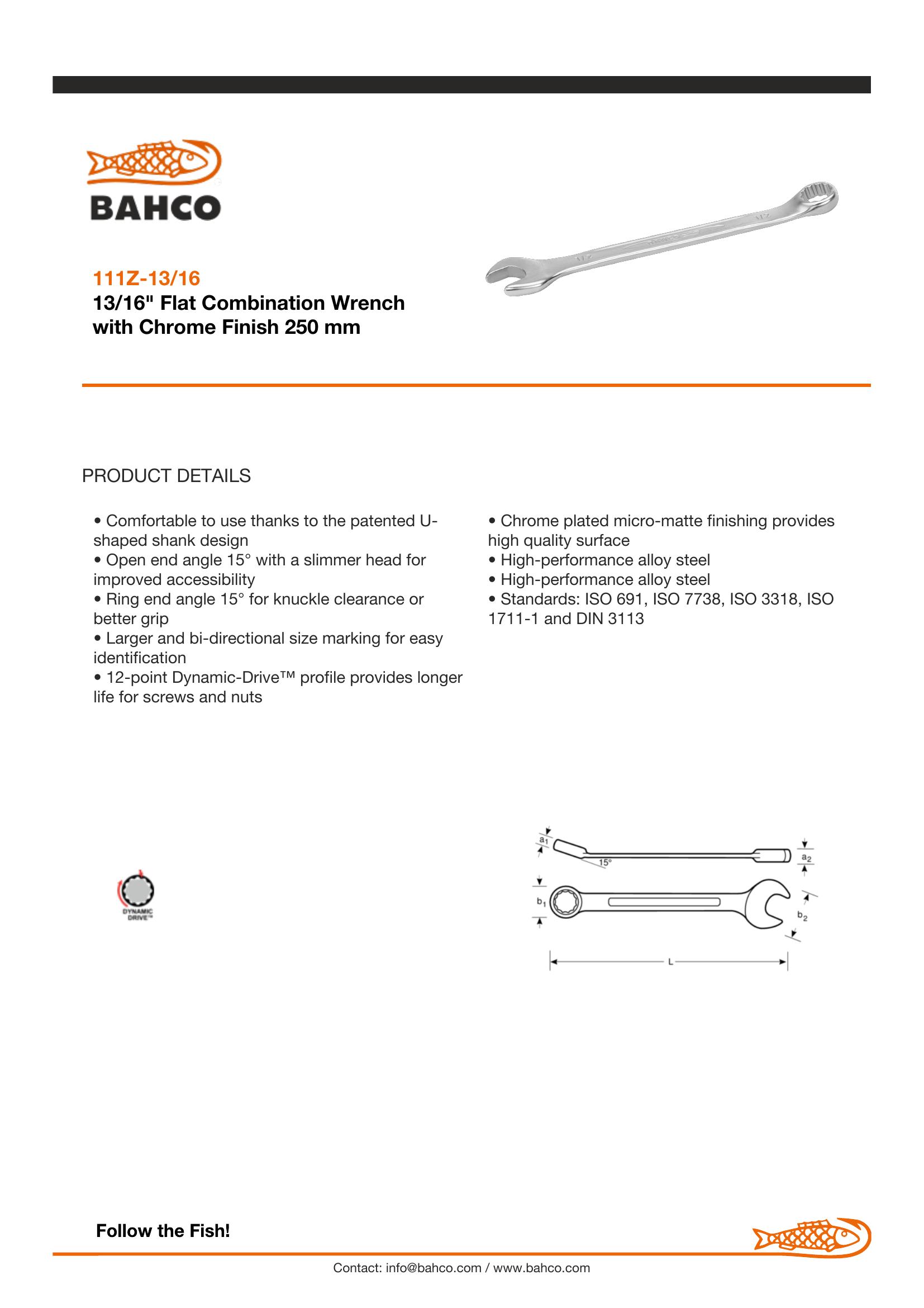 Bahco Spanner, imperial, combination ring & open end, 13/16", vanadium-extra chrome plated, open end angle 15 deg. - ring 15 deg. Offset - Image 4