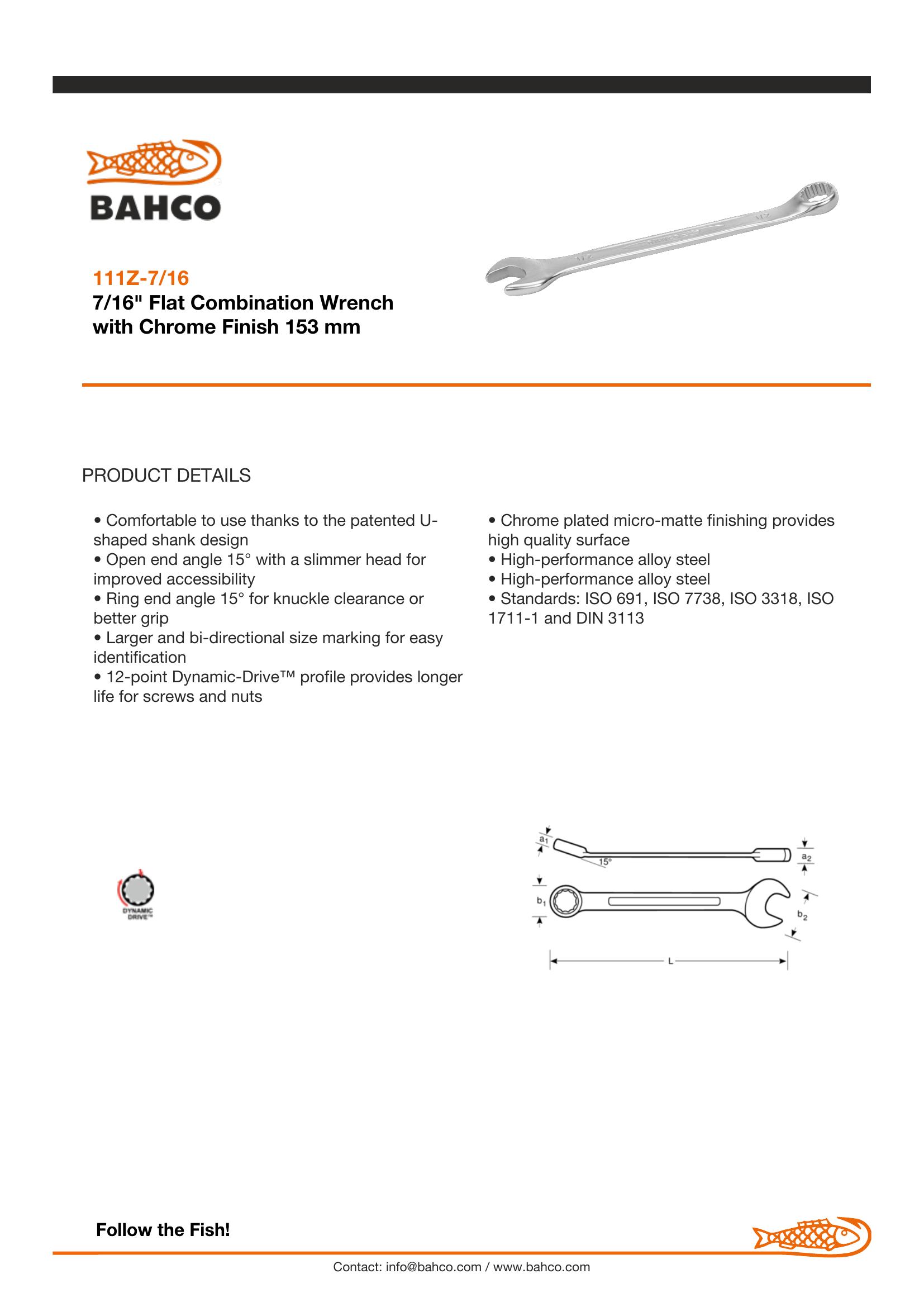 Bahco Spanner, imperial, combination ring & open end, 7/16", vanadium-extra chrome plated, open end angle 15 deg. - ring 15 deg. Offset - Image 5