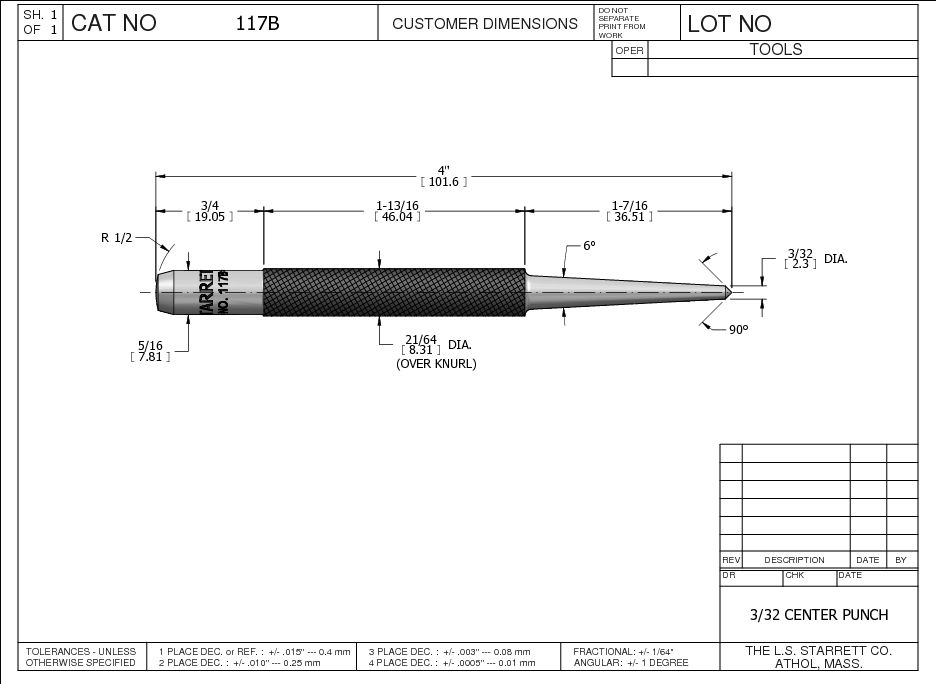 Starrett - Center Punch Round Shank 4in (100mm) 3/32in (2.5mm) Point - Image 2
