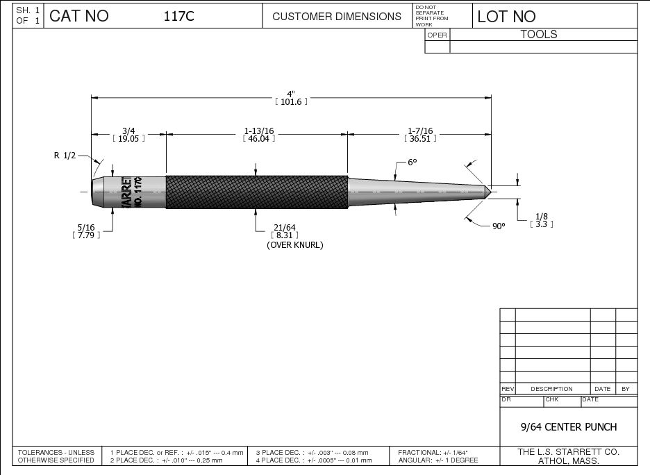 Starrett - Center Punch Round Shank 4in (100mm) 1/8in (3mm) Point - Image 2