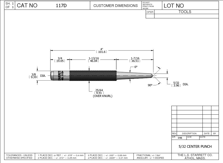 Starrett - Center Punch Round Shank 4in (100mm) 5/32in (4mm) Point - Image 2