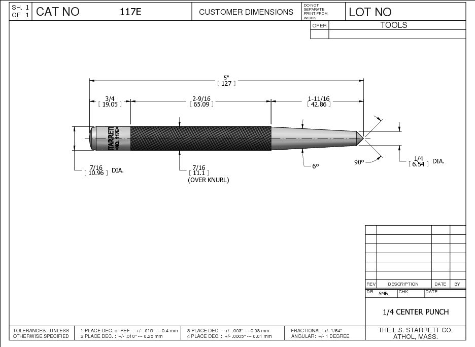 Starrett - Center Punch Round Shank 5in (125mm) 1/4in (6.5mm) Point - Image 2