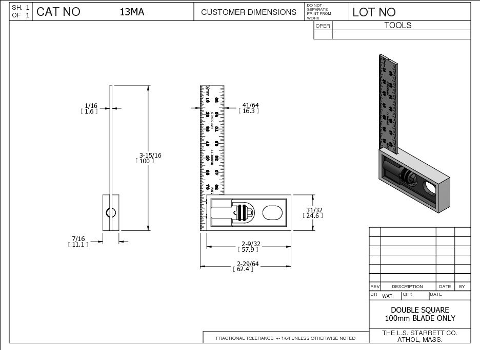 Starrett - Double Square 100mm W/ Graduated Blade - Image 2