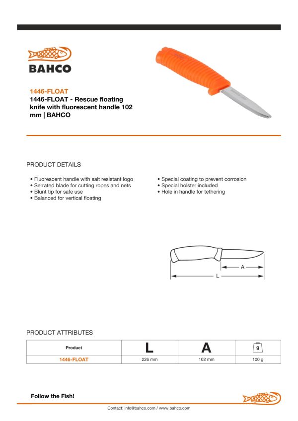 Bahco 1446-FLOAT - Rescue floating knife with fluorescent handle 102 mm | BAHCO - Image 6