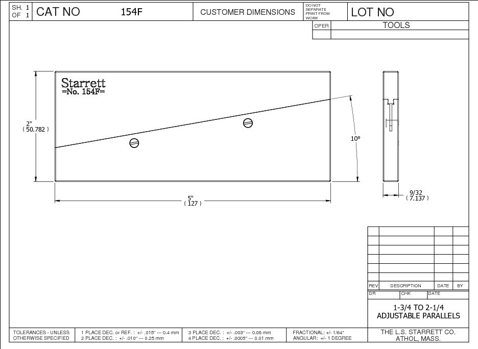 Starrett Adjustable Parallel 5 1/16in (130mm) 1 3/4 -2 1/4in Range 154F Adjustable Parallel - Image 5