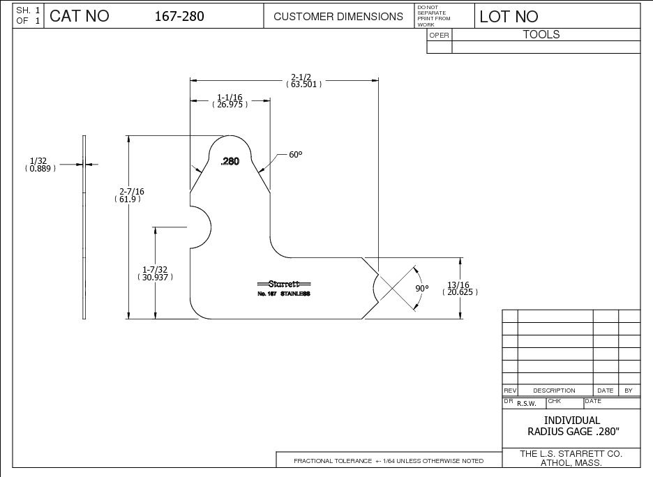 Starrett Radius Gage .280in 167-280 Individual Radius Gage - Image 2