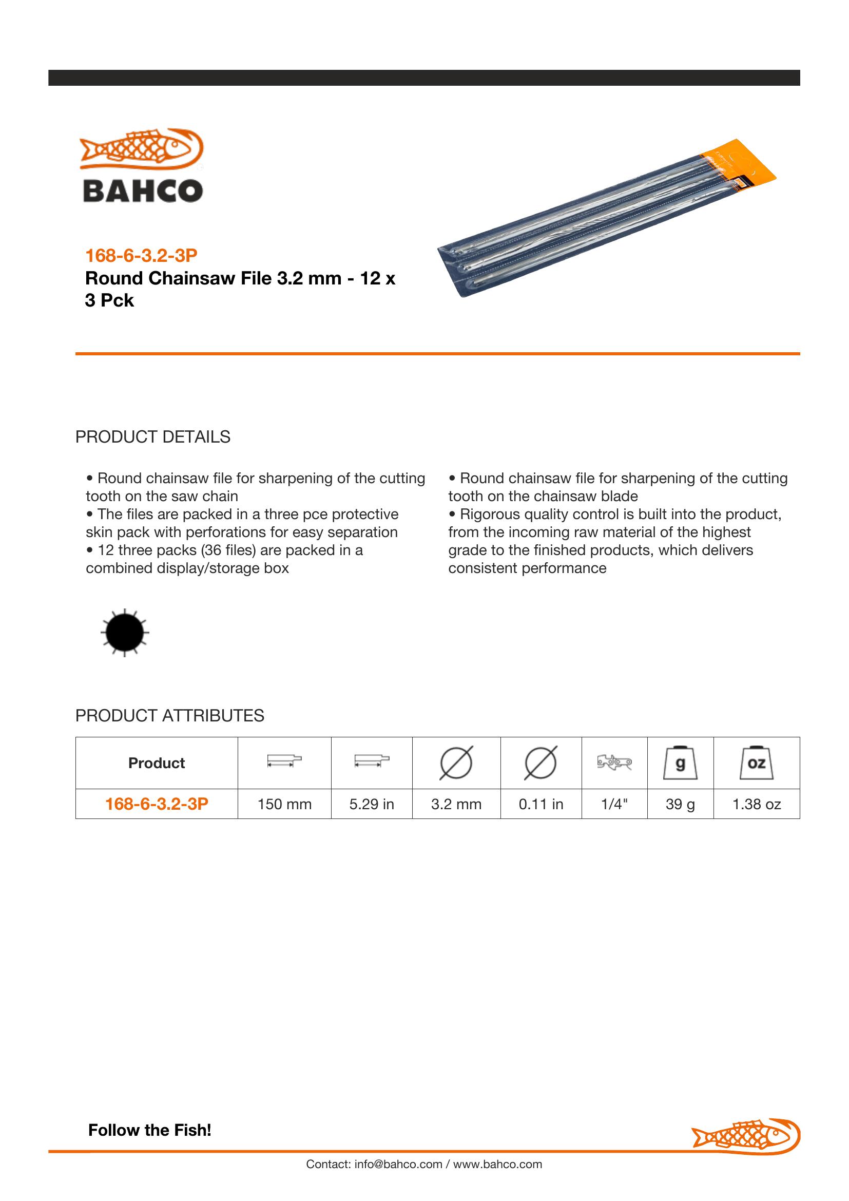Bahco Chainsaw file, 8", 20cm, fine 5/32" cut, retail card, no handle, 3 files/card - Image 5