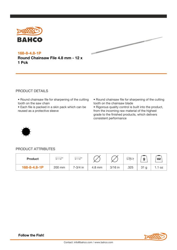 Bahco Chainsaw file, 8", 20cm, fine 3/16" cut, industrial pack, no handle - Image 5