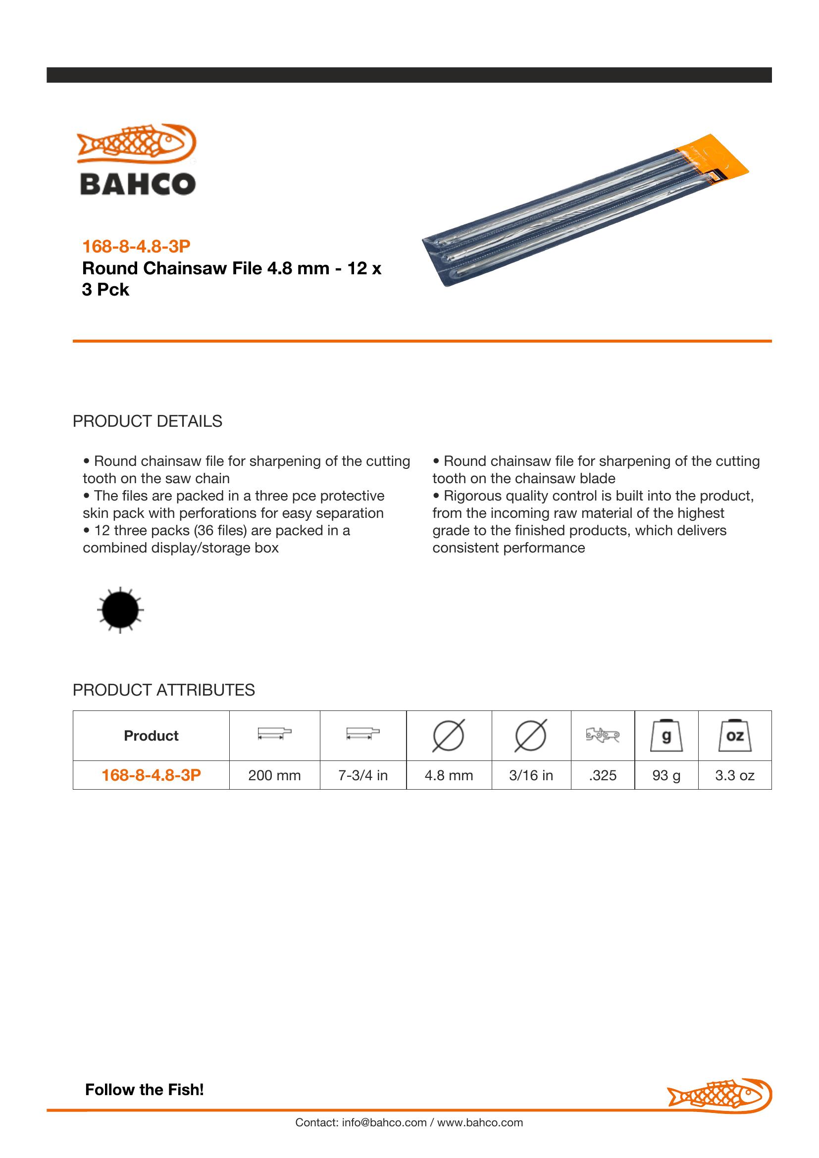 Bahco Chainsaw file, 8", 20cm, fine 3/16" cut, retail card, no handle, 3 files/card - Image 5