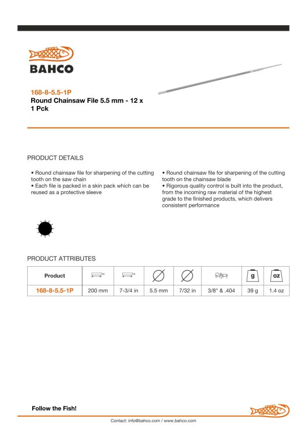 Bahco Chainsaw file, 8", 20cm, fine 7/32" cut, industrial pack, no handle - Image 5