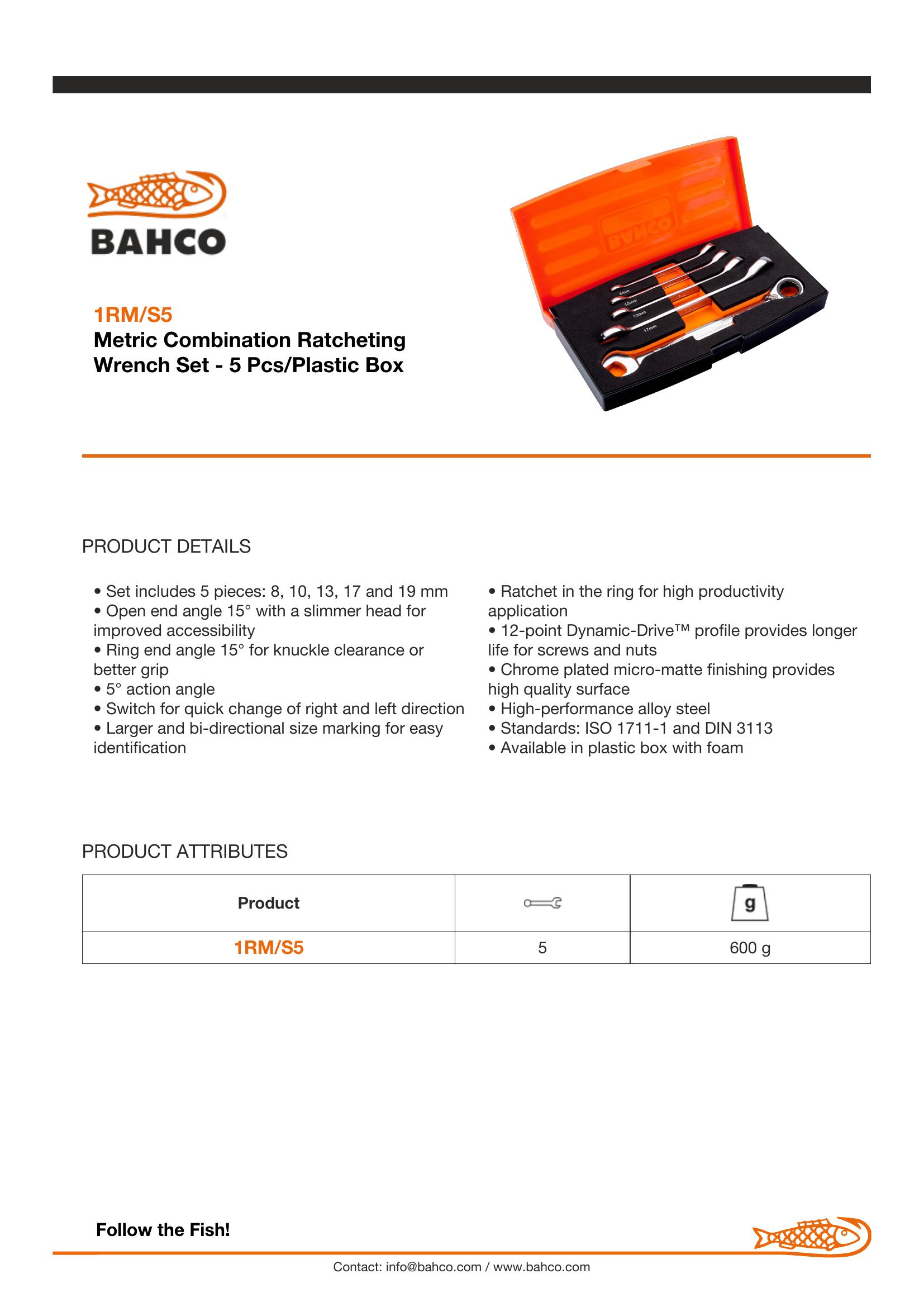 Bahco Combination Ratchet Spanner Set, metric. 5 pieces - 8, 10, 13, 17 & 19mm - Image 4