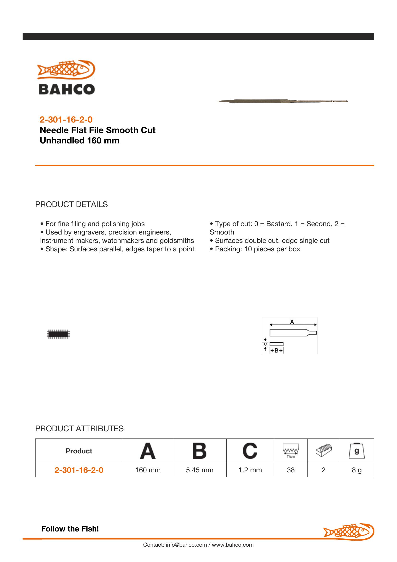 Bahco Needle file, flat (warding), 6", 16cm, smooth cut, no handle, industrial pack - Image 2