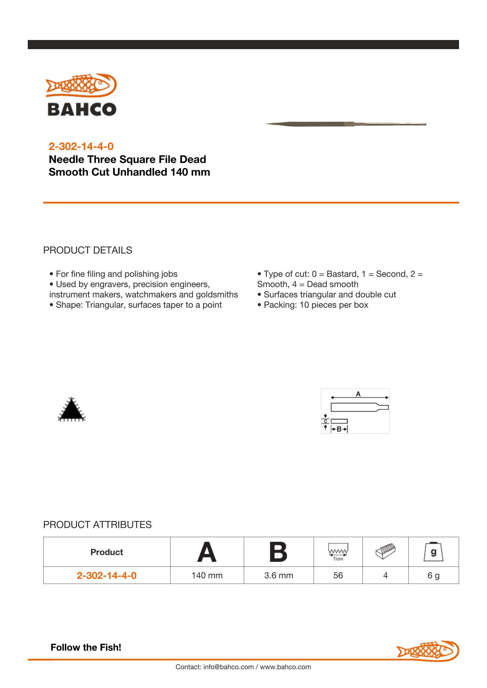 Bahco Needle file, three square, 5 1/2", 14cm, dead smooth cut, no handle, industrial pack - Image 2