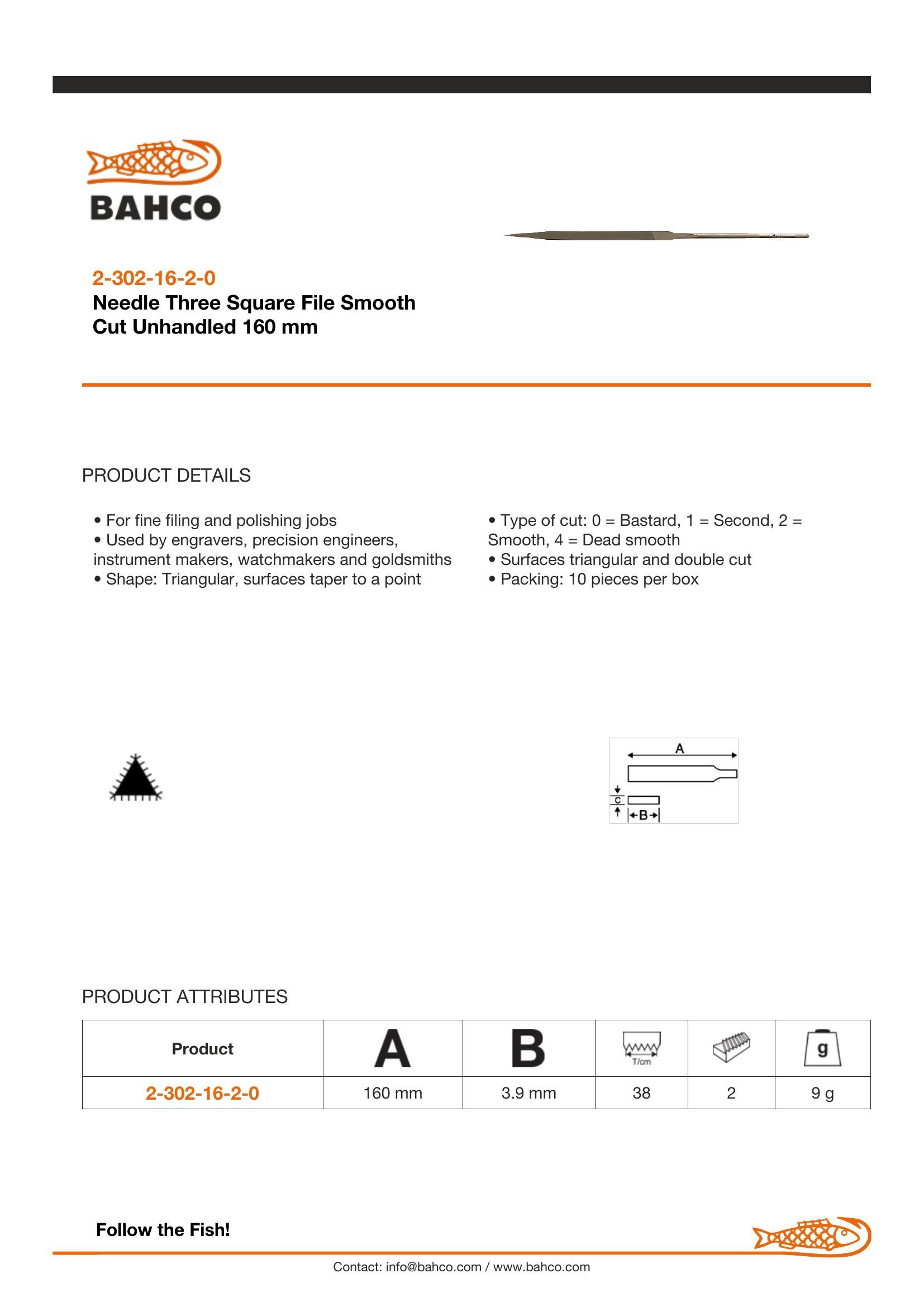 Bahco Needle file, three square, 6", 16cm, smooth cut, no handle, industrial pack - Image 2