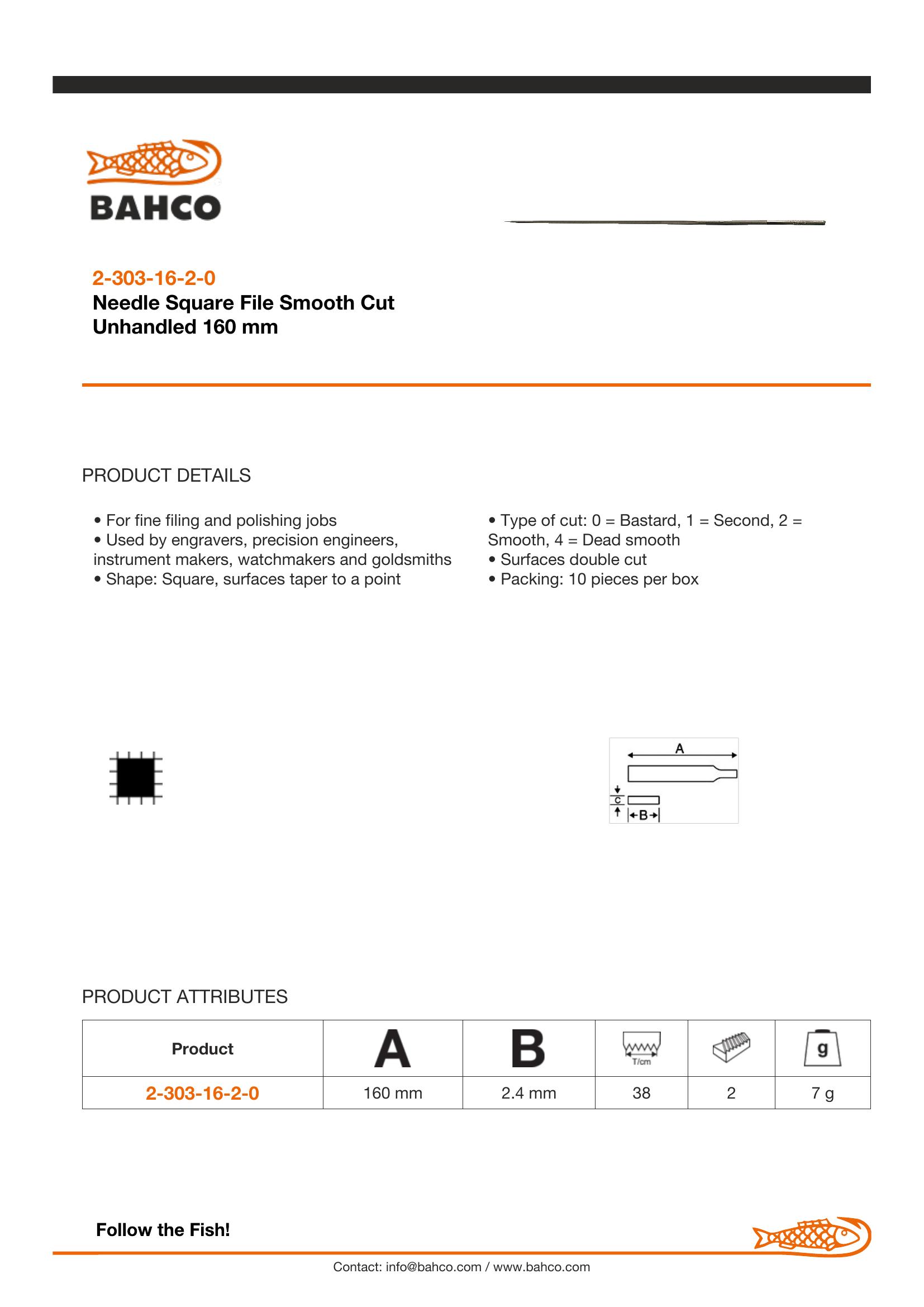 Bahco Needle file, square, 6", 16cm, smooth cut, no handle, industrial pack - Image 2