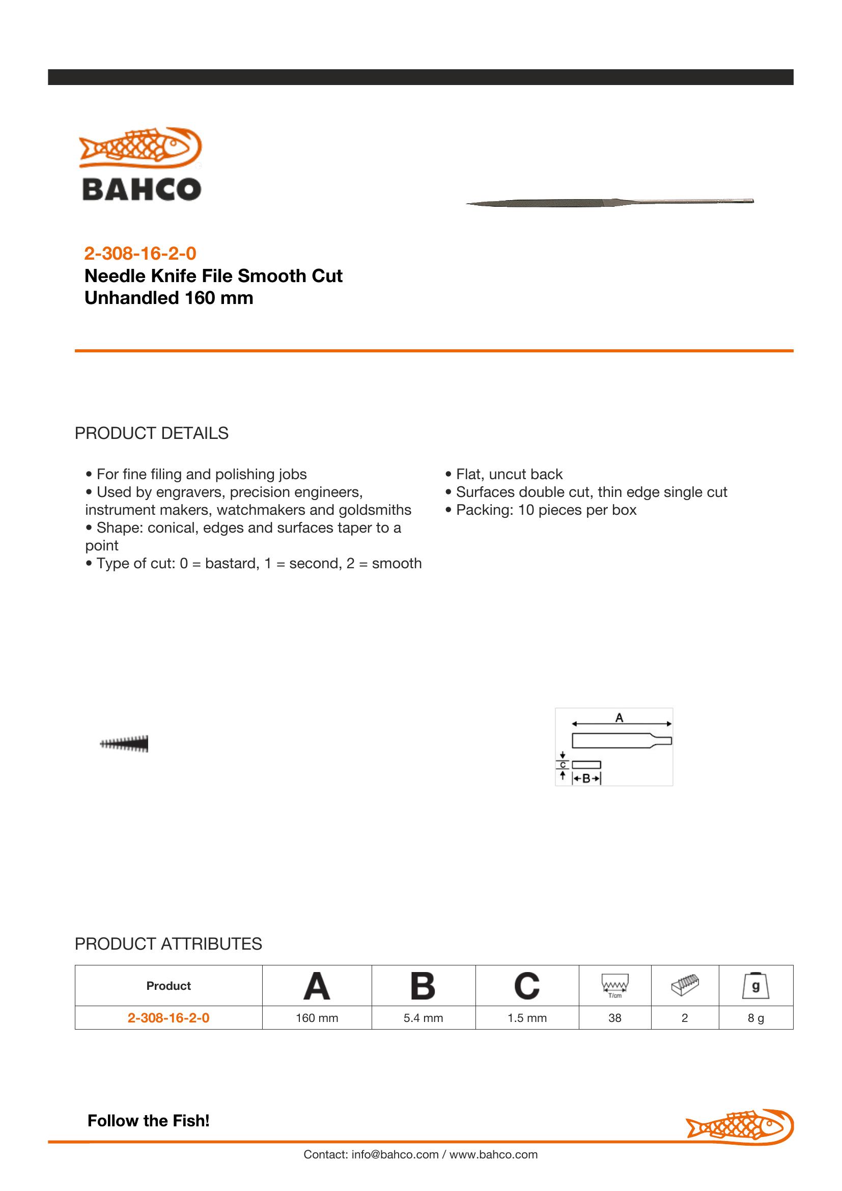 Bahco Needle file, knife, 6", 16cm, smooth cut, no handle, industrial pack - Image 2