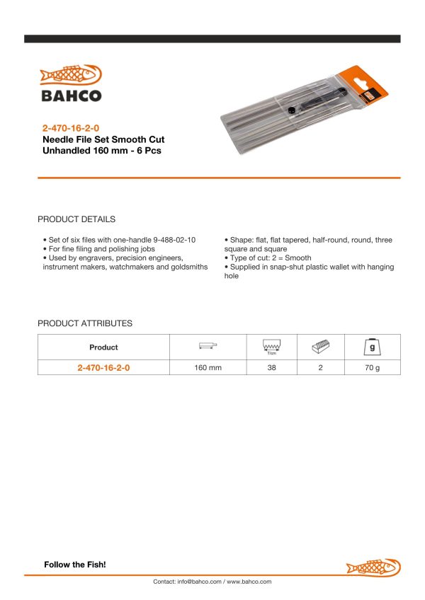 Bahco Needle file set, 6 pce in wallet, 6", 16cm, smooth cut, no handle - Image 4