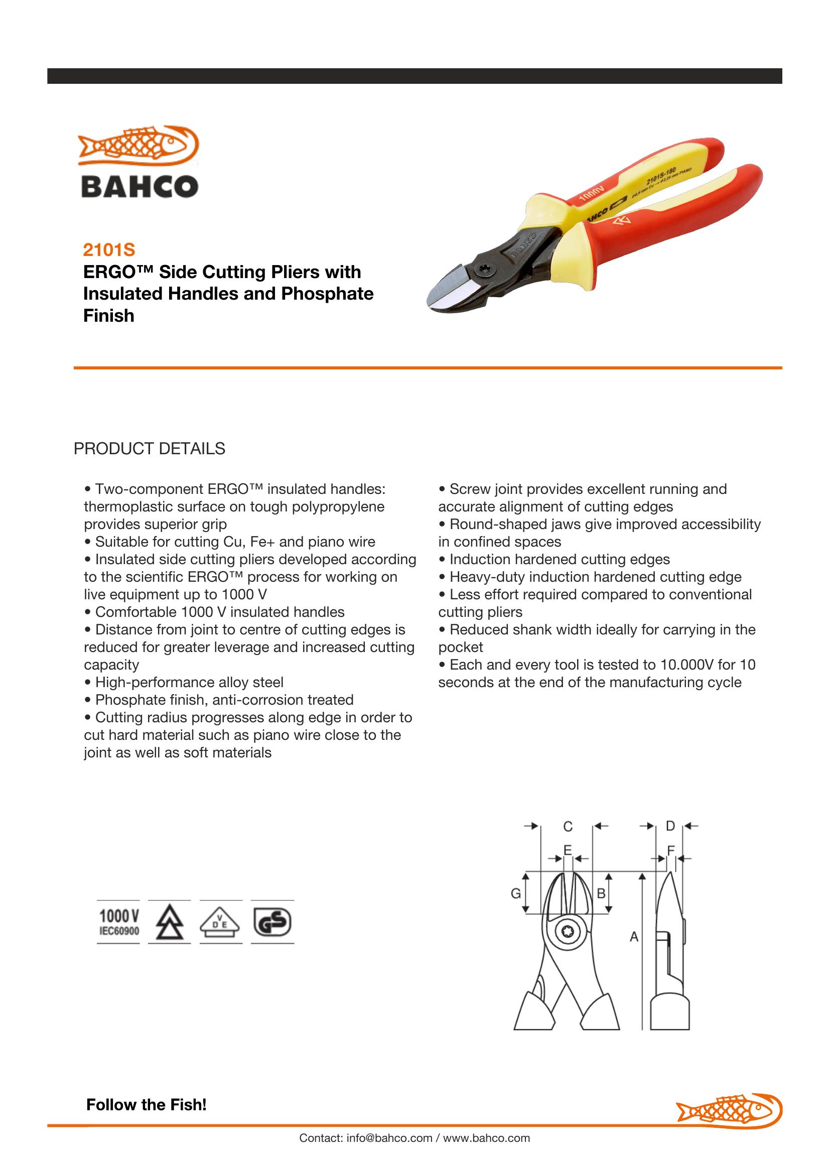 Bahco Pliers, ergo, side cutting, insulated to 1000V, 160mm, max cutting cap 1.8mm - Image 6